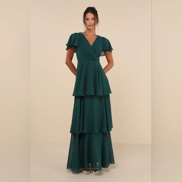 Lulus Sincerely Exquisite Emerald Green Short Sleeve Tiered Maxi Dress Wedding - Picture 2 of 8